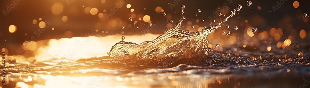 Poster a stunning close-up of water splashing under golden sunlight, creating dynamic shapes and reflection