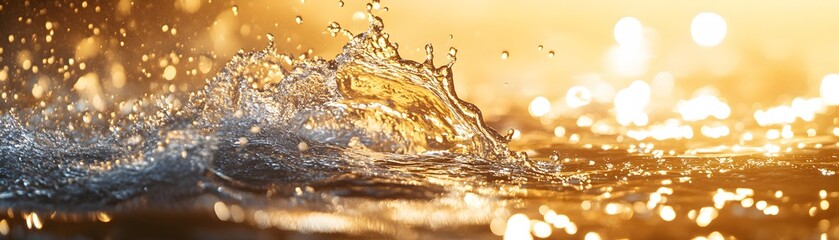 A stunning close-up image of water splashes reflecting golden light, capturing the dynamic beauty of nature. This photo evokes a sense of serenity and movement in the environment.