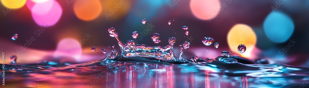 Poster a vibrant image capturing the beauty of water droplets splashing amidst a colorful backdrop, creatin