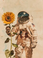 Astronaut holding a sunflower in space backdrop with reflective helmet