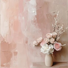 Elegant floral arrangement with soft pastel background featuring roses and blooms