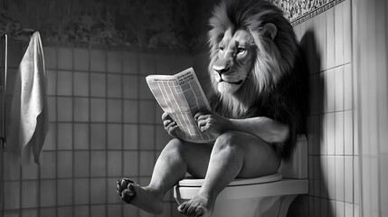 Intelligent lion analyzing latest world events pictures