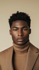 Young man in a stylish outfit poses against a neutral background for a portrait session