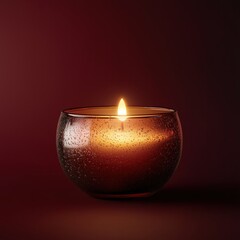 Candlelight flickers softly in a decorative glass holder against a deep red background