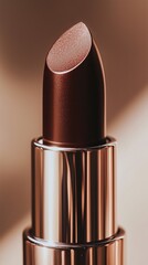 Elegant brown lipstick in a sleek metallic casing with soft lighting