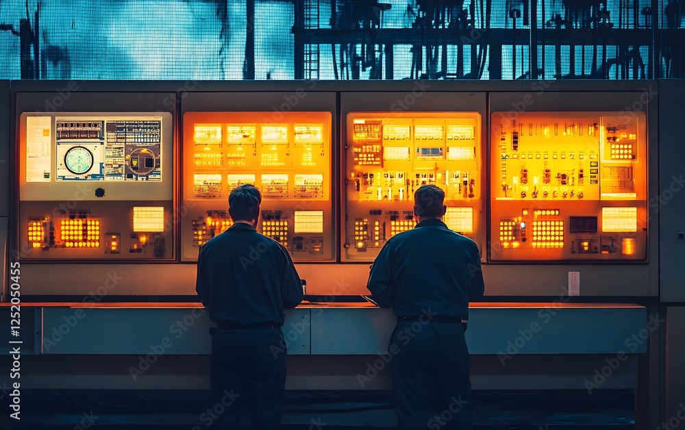 Poster two technicians monitor control panels in a dimly lit setting, illuminated by glowing screens and bu