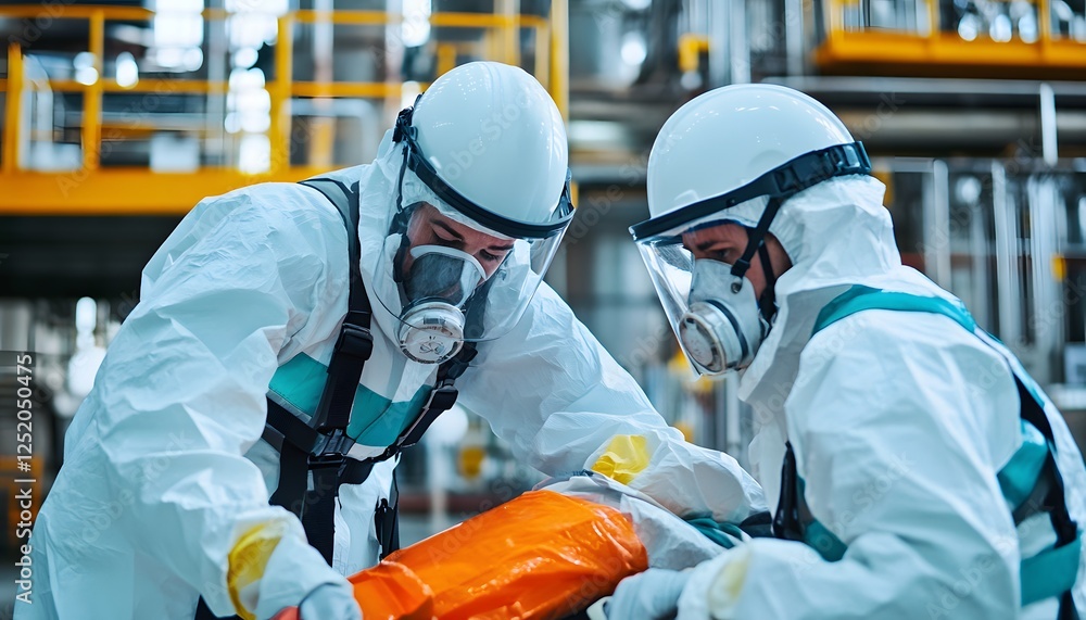 Aufkleber two workers in protective gear collaborating on a task in an industrial setting, showcasing safety p