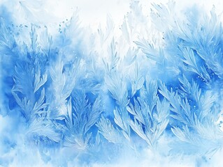 Frosted blue crystal patterns created by freezing moisture on a windowpane in winter