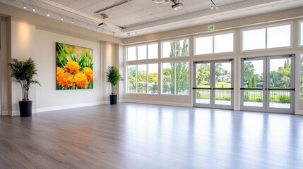 Obraz premium Bright event space with flower art, large windows, and garden view; ideal for event planning