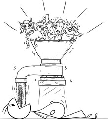 Person eating meat food, vector cartoon stick figure or character illustration.