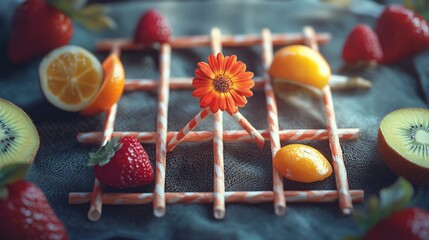 Natural Tic-Tac-Toe Board Made with Fruits and Flowers