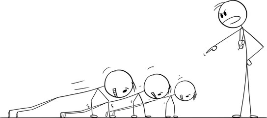 Push-up training with coach, vector cartoon stick figure or character illustration.