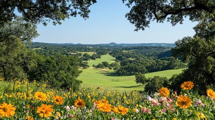 Fototapeta premium Hillside wildflowers overlook golf course valley