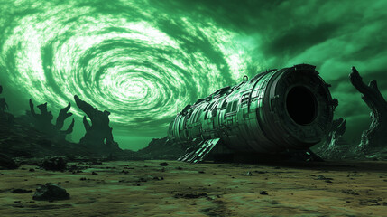 Abandoned Spaceship Under an Eerie Alien Sky with Tentacle Shapes Cosmic Horror Fantasy