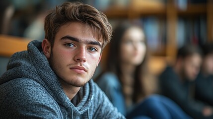 Young Man Sits Thoughtfully Among Friends in a Cozy Indoor Setting, Highlighting Moments of Connection and Reflection During a Casual Gathering