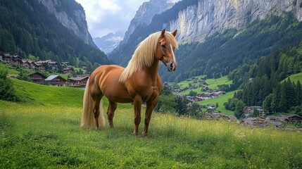 Majestic Palomino Horse in Alpine Village Setting