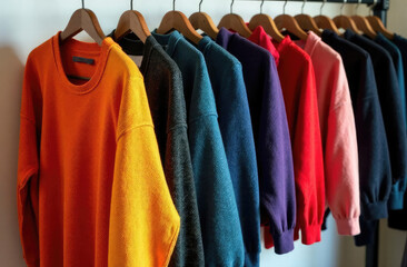 Obraz premium Rack with colorful t-shirts near light wall 