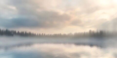 Fototapeta premium Misty Morning on the Lake: Serene, hazy dawn breaks over a tranquil lake, shrouded in ethereal fog, with a silhouette of a forest along the shoreline, creating a breathtaking, peaceful scene.