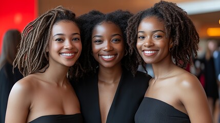 Fototapeta premium Group of Three Friends Smiling Together at a Modern Event Venue During an Evening Celebration