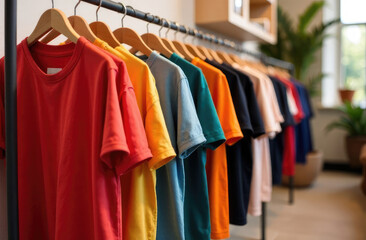 Obraz premium Rack with colorful t-shirts near light wall 
