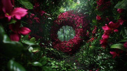 Lush floral archway in a vibrant forest, inviting exploration and wonder amidst nature's beauty