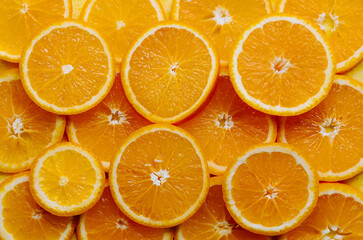 Juicy oranges, top photo, flatlay, orange background