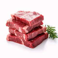 a stack of raw meat with a sprig of rosemary