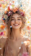female model in garden with flowers crown