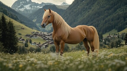 Golden Palomino Horse in Alpine Meadow Landscape