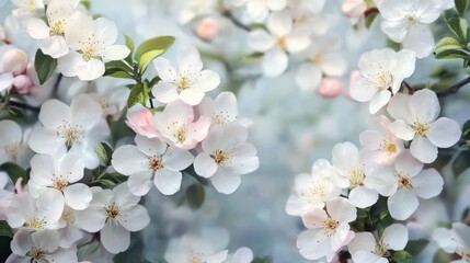 Fototapeta premium A serene background showcasing delicate, blooming cherry blossoms in soft pastel hues, perfectly embodying the essence of springs fragility, abundance, and exquisite beauty that captivates the soul