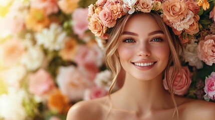 female model in garden with flowers crown
