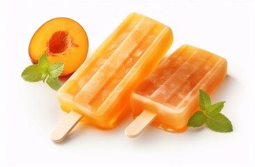 a peach popsicle with a fruit cut in half