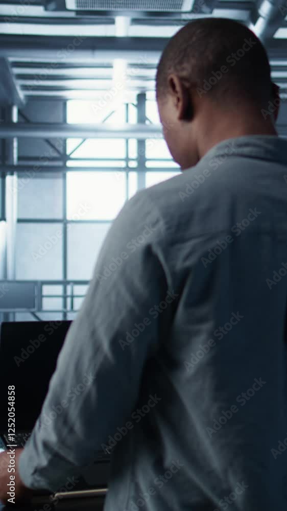Poster vertical video computer scientist in server room coding on laptop, developing disaster recovery plan
