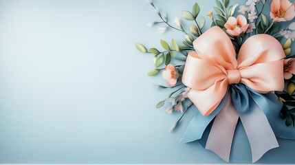 Elegant floral arrangement with a large bow and pastel flowers on a light blue background