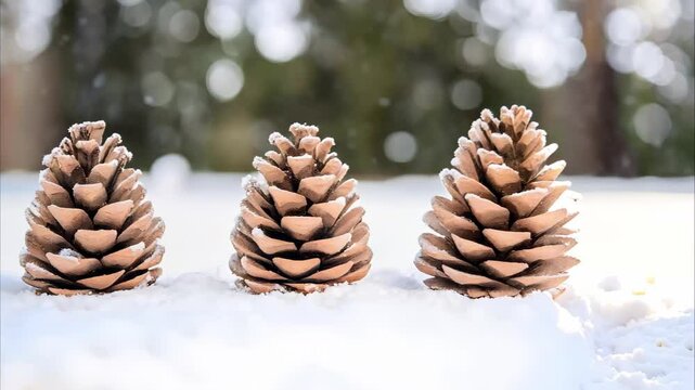 Four pine cones arranged in a row on a snowy surface with a blurred green background.