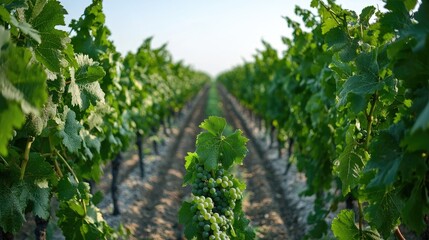 Vineyard rows, sunlit grapes, rural landscape, wine production