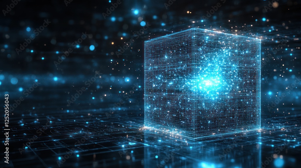 Poster Glowing Data Cube Hologram on Grid Network