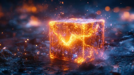 Fiery cube erupts, fiery background, dark ground