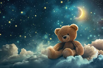 Adorable Teddy Bear Sitting on Fluffy Clouds Under a Starry Night Sky