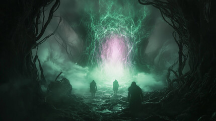 Eldritch Portal in a Dark Foggy Forest with Twisted Roots Cosmic Horror Fantasy Background