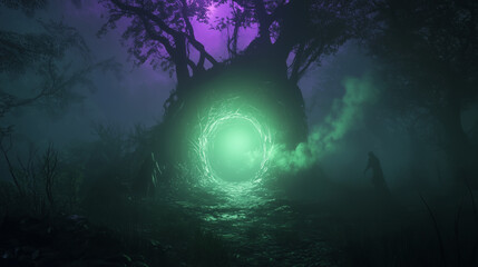 Eldritch Portal in a Dark Foggy Forest with Twisted Roots Cosmic Horror Fantasy Background