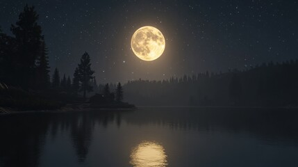 Full moon over misty lake in forest at night
