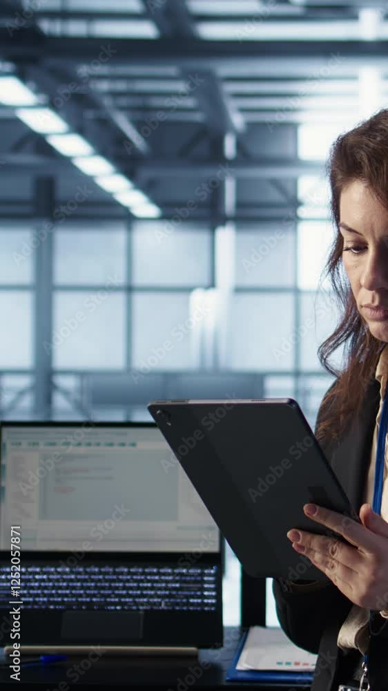 Poster vertical video admin in data center using artificial intelligence tech on tablet to deploy new serve