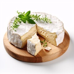 a round white cheese with a cut piece on a wooden board