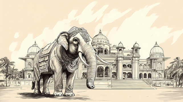 Sketch of mysore dasara elephant or jumboo savari in front of a palace with free space for text. Gargantuan Statues. Illustration
