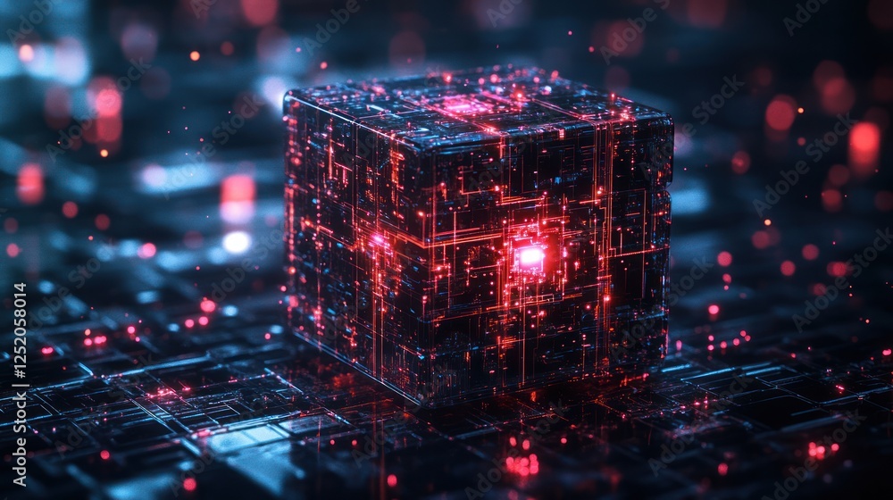 Poster Futuristic cube, glowing circuits, digital network, data processing
