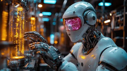 Robot examining data in futuristic lab