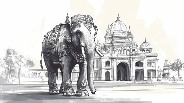 Sketch of mysore dasara elephant or jumboo savari in front of a palace with free space for text. Gargantuan Statues. Illustration