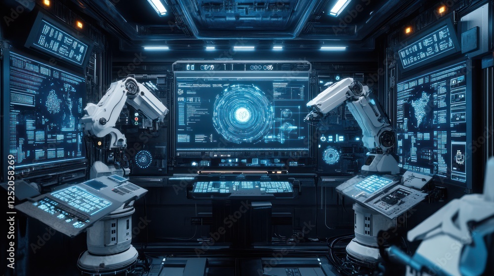 Poster futuristic robotic arms monitoring data in a high-tech control room