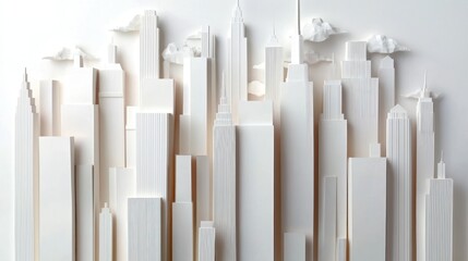White paper cityscape with skyscrapers and clouds, showcasing a minimalist urban design